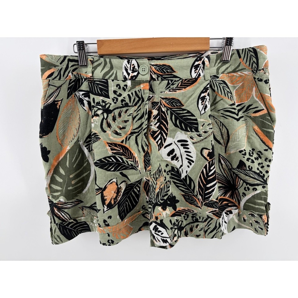 Blue Sol, Tropical Floral Chino Shorts, Green Mid Rise Linen/Rayon, Size 16